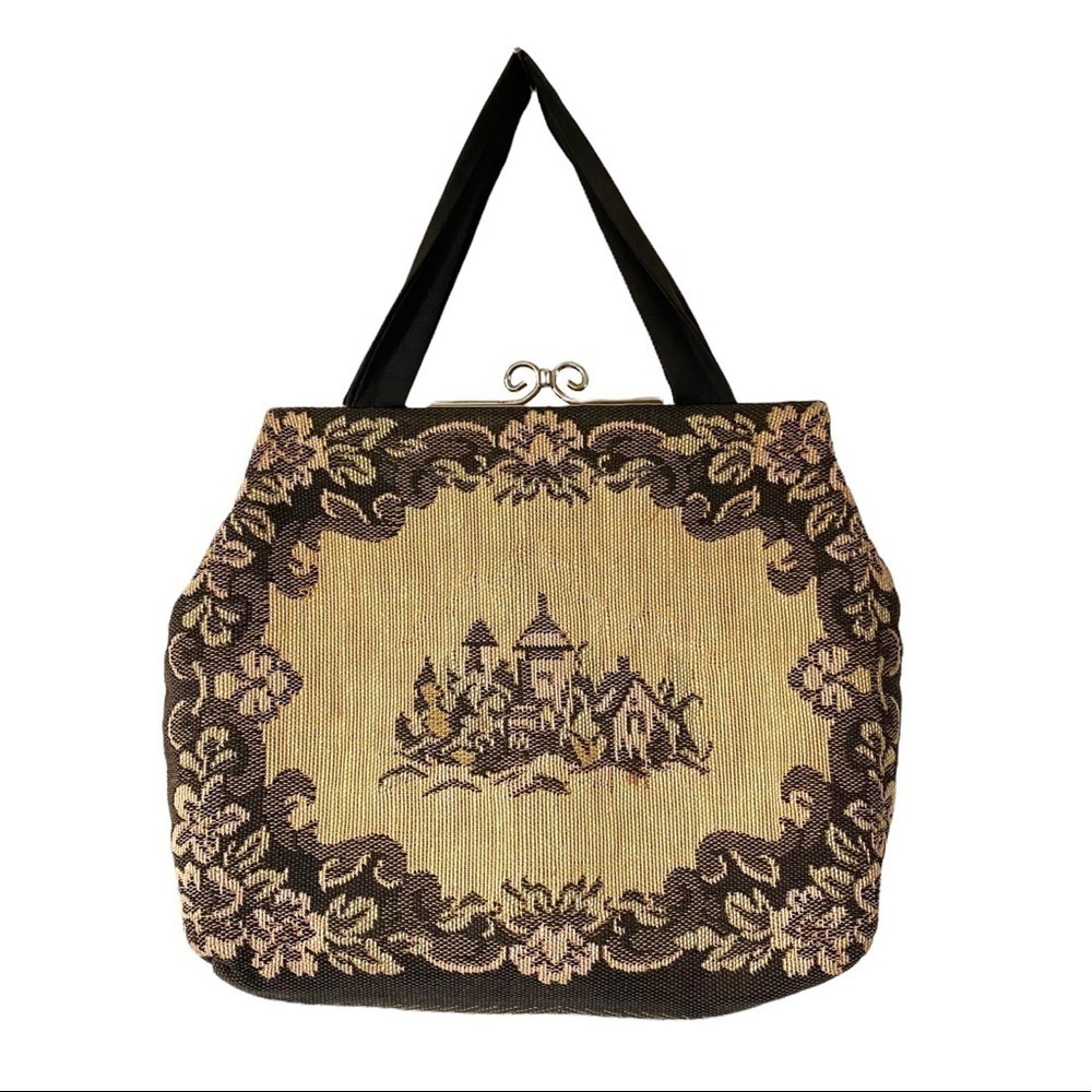 Vintage Tapestry Bag Needlepoint‎ Purse Tan Black 40s  Cottage Village